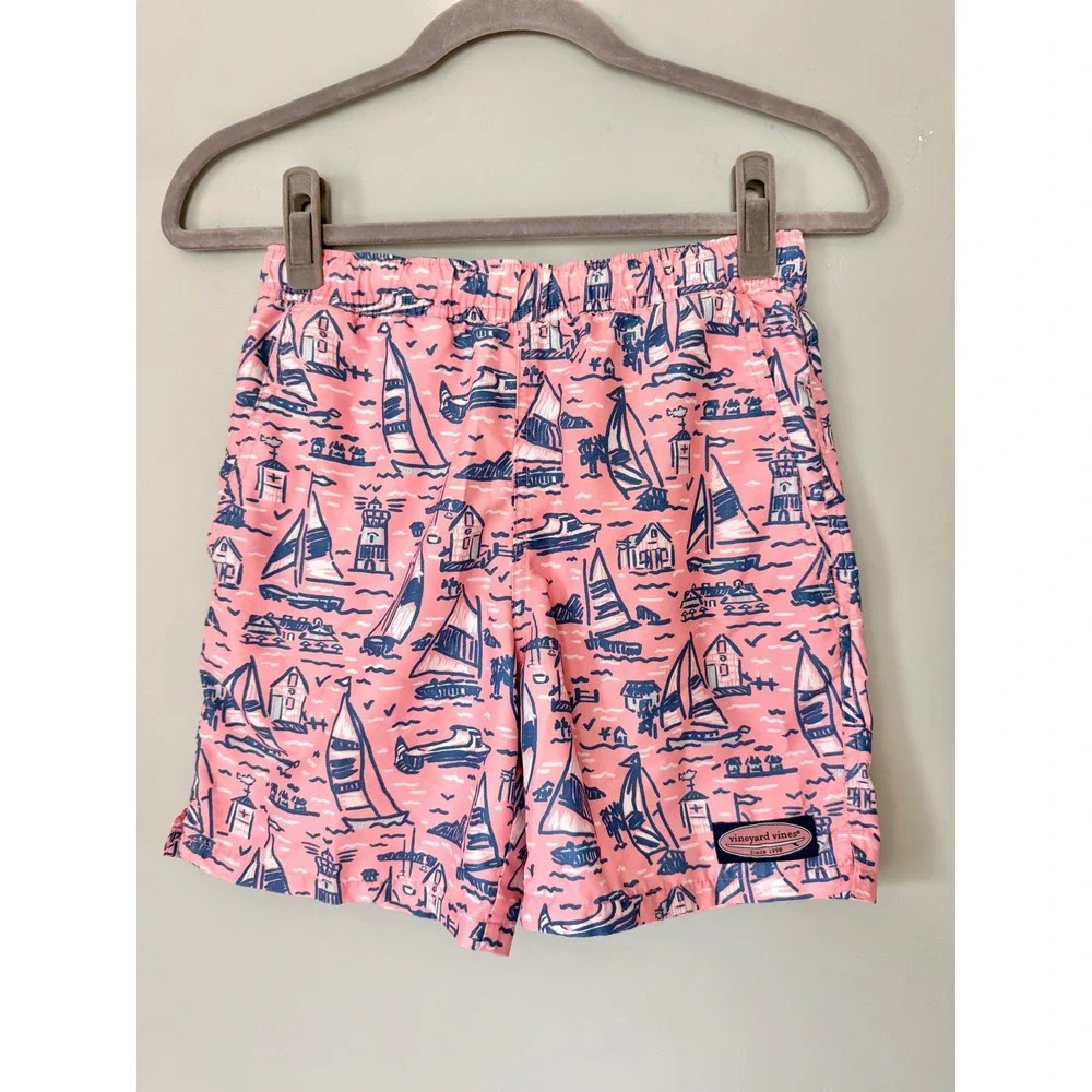 Vineyard Vines Boys' Printed Chappy Swim Trunks Bathing Suit Pink Blue S/8-10